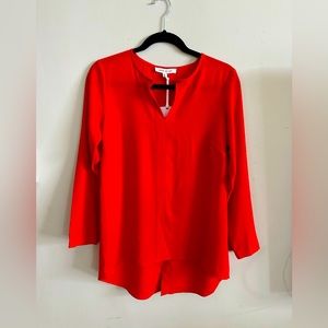 Rose + Olive Red Long Sleeve Blouse Hi Low